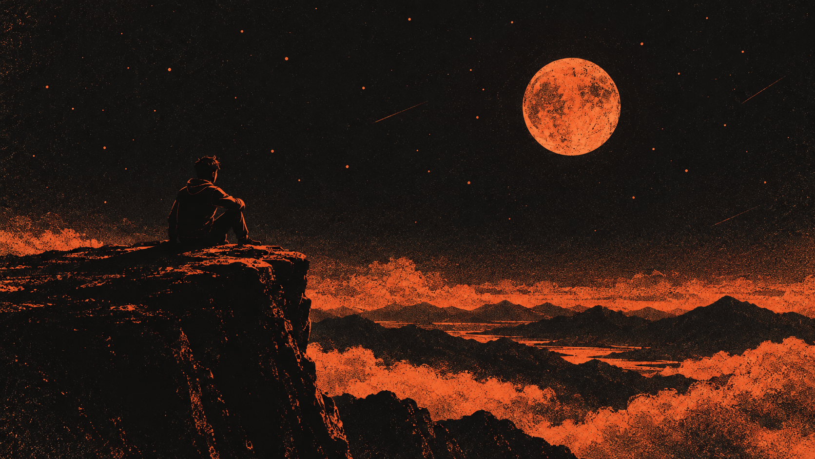 A lone figure on a cliff under an ember-orange moon